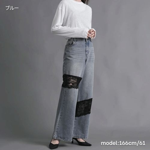 トラストワークスプランニング　
アシンメトリーレース切替デニムフレアパンツ