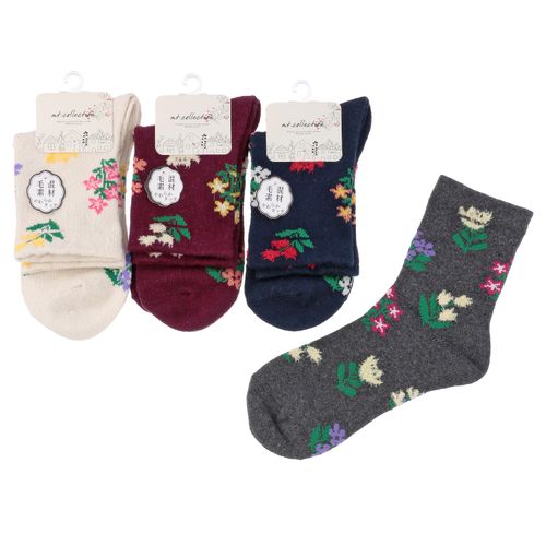 常峰ソックス
クルー丈 ウール混 カラフル 北欧花 靴下