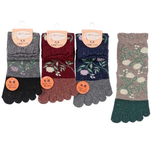 常峰ソックス
クルー丈 毛混 ネップ 花柄 5本指 靴下