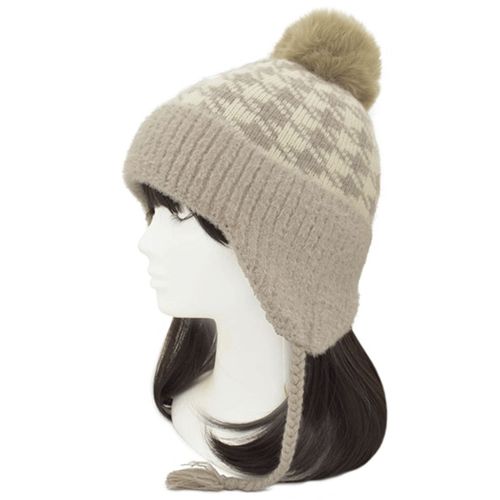 Ｋクラフト
千鳥柄 耳当て付きボンボンニット帽