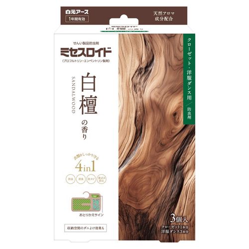 4902407126740







白元アース
ミセスロイド クローゼット・洋服ダンス用 3個入 1年防虫 白檀の香り