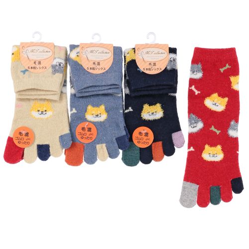 常峰ソックス
クルー丈 毛混 柴犬 総柄 5本指 靴下