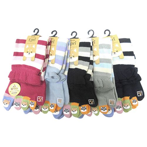 キングオリジナル
クルー丈 5本指 マルチボーダー＆指先柴犬プリント