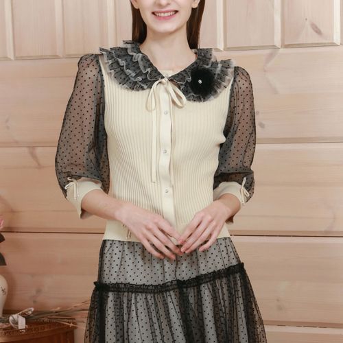 ジェイシーインターナショナル
Super Beauty ドット柄袖＆衿のリブ編みニットカーディガン（衿着脱可）