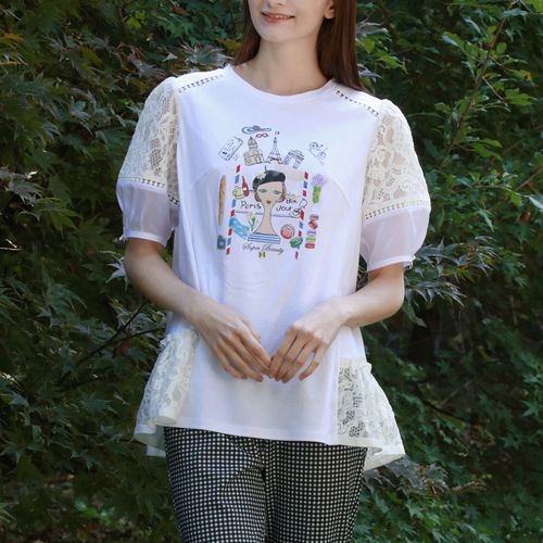 ジェイシーインターナショナル
Super Beauty 胸元Parisモチーフプリント レース切替×パフ袖ロングTシャツ