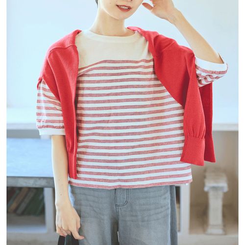 ノンノ
cloucnine 綿麻レーヨン パネルボーダー7分袖クルーネックブラウス