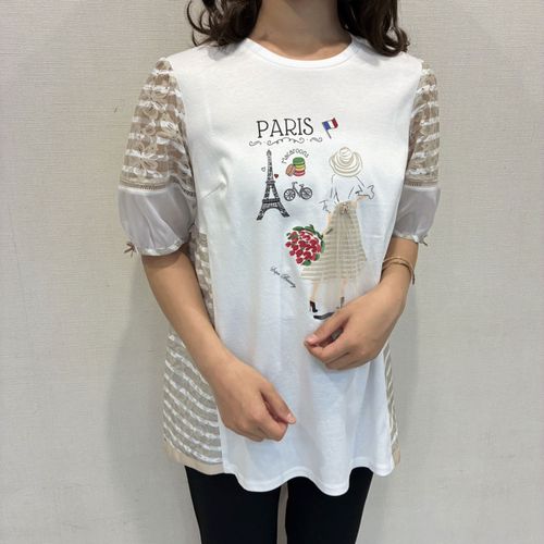 ジェイシーインターナショナル
Super Beauty ボーダー柄レース切替ParisプリントロングTシャツ