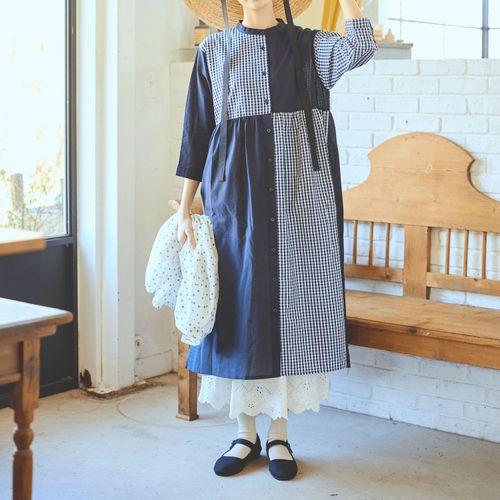 ノンノ
cloudnine ノンノ 先染めコットン布帛 無地×チェック柄 切替コンビワンピース