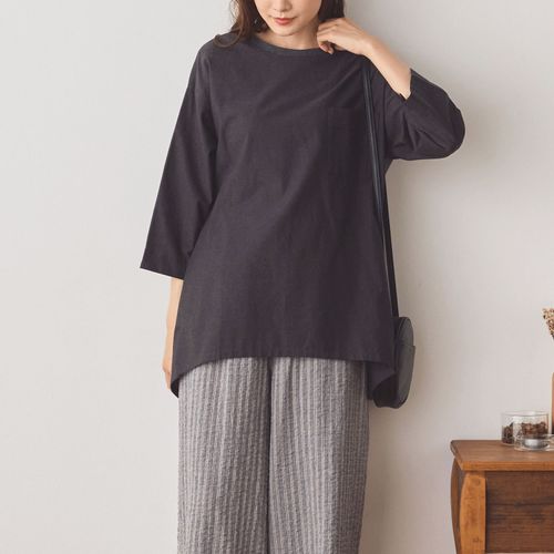 ノンノ
cloudnine ノンノ 先染綿布帛×OE綿天竺微配色コンビ 前後差付き 7分袖チュニック